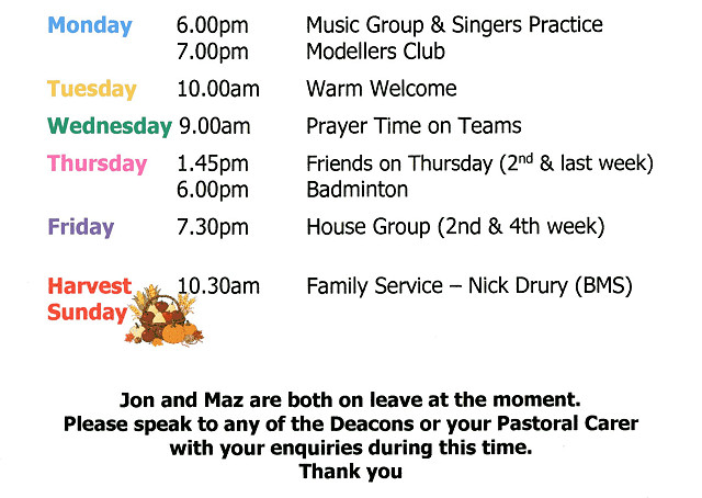 Diary for week beginning 20th September 2026.